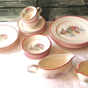 Antique dinnerware set, Crooksville China Co, embroidered cottages, 1930s creamer gravy, dinner dessert plates, teacup saucers, salad bowls