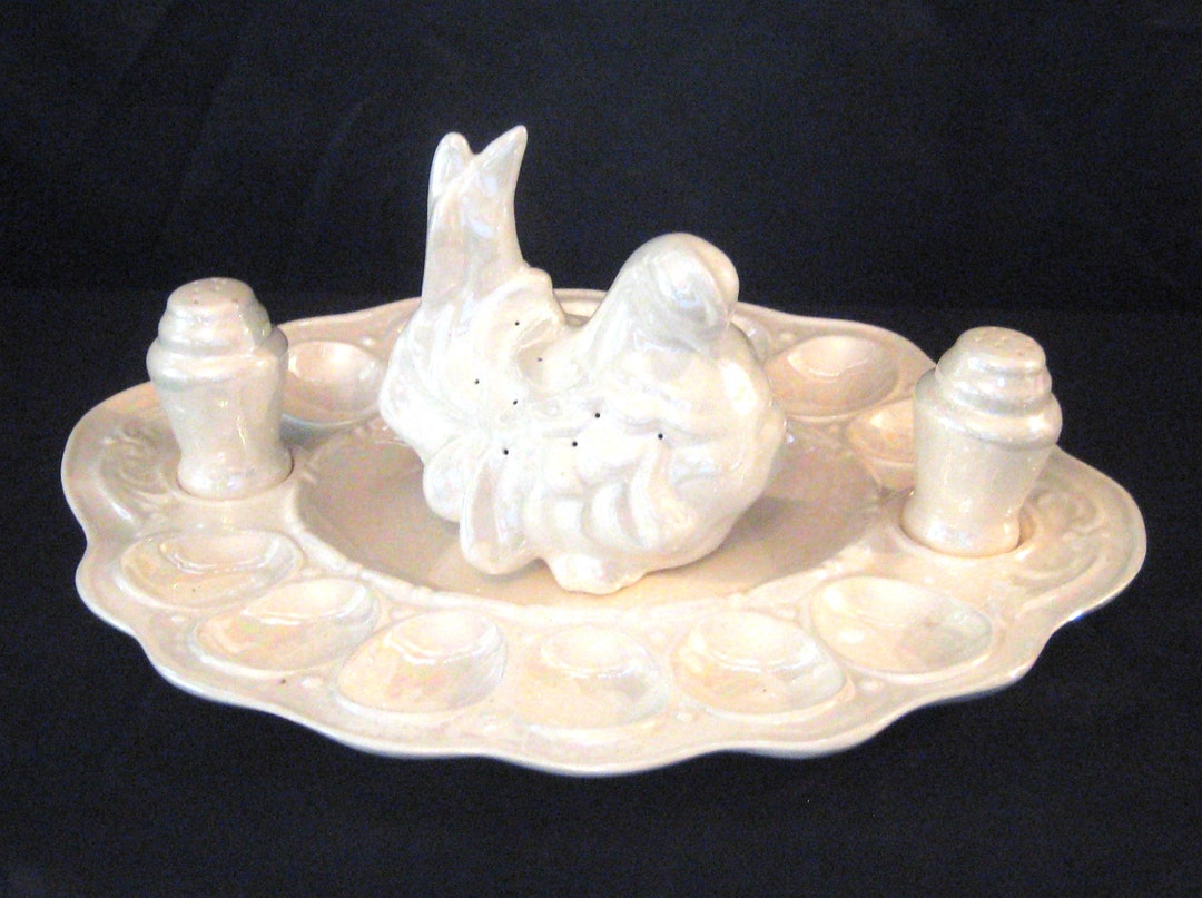 Antique Deviled Egg Plate With Center Figural Chicken Salt Pepper Shakers, Vintage Handmade