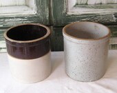 Antique petite crock indoor planter, salt glazed ironstone crock, oatmeal gray, brown glazed, rustic primitive farmhouse decor, late 1800s