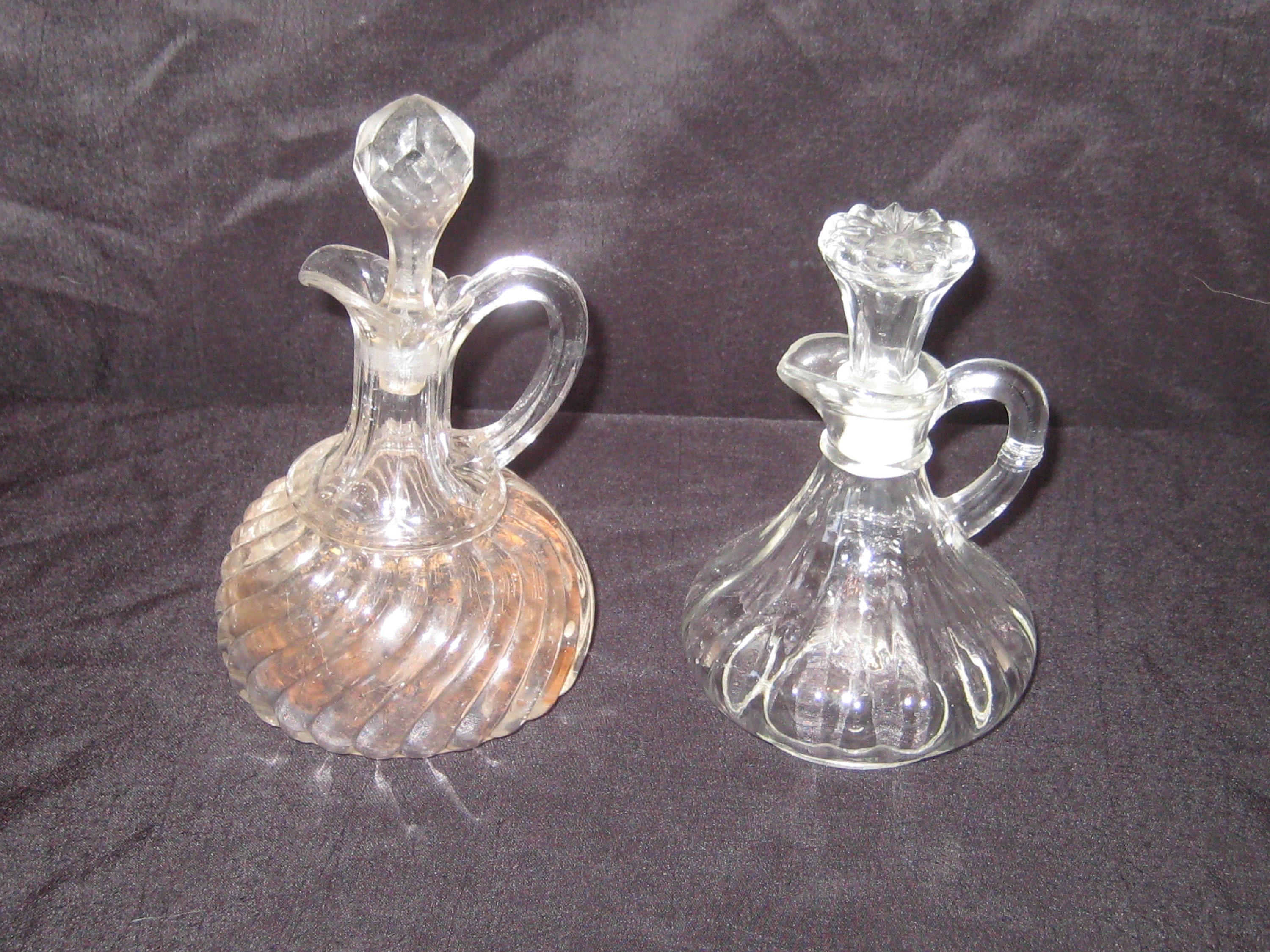 Antique Clear Glass Cruets, Glass Stoppers, Oil Vinegar Jar, Mid