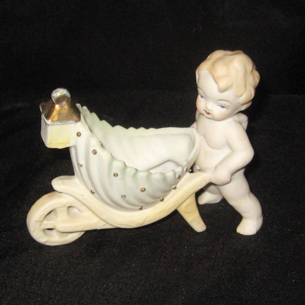 Antique cherub pushing cart statue, porcelain figurine, made in Occupied Japan, ivory, 1940s, baby angel, small indoor planter, rare unusual
