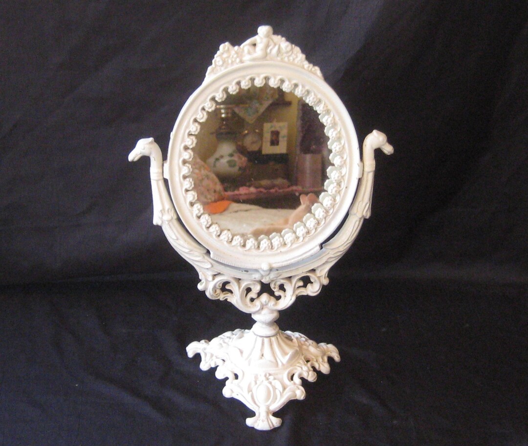 Antique Ornate Round Mirror, Table Top Makeup Ivory Cast Iron Metal