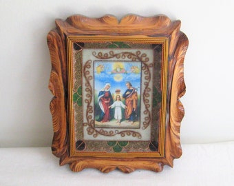 Vintage framed picture of child Jesus, mother Mary, Joseph, Holy Family, rustic solid wood frame, stained glass, 70s 80s, religious hanging