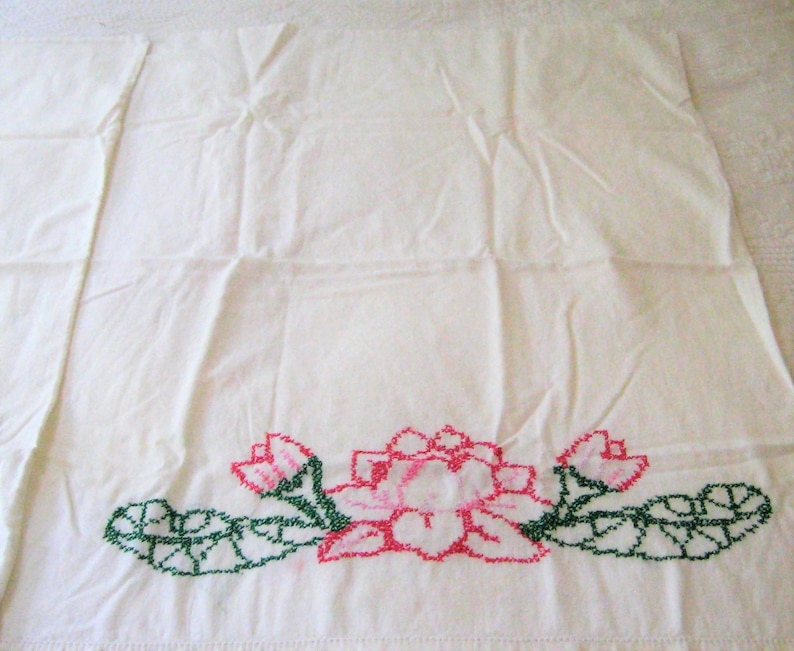 white cross stitch floral pillowcase Lotus flower embroidered pillowcases pink green 1950s standard vintage hand made mid century