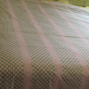 Vintage top sheet, bright lime green white, checked plaid polka dots, faux lace, eyelet lace, full double queen sheet, 70s 80s striped