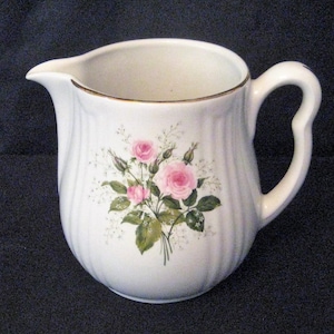 Vintage ceramic one quart water pitcher, white gold, pink roses, Hall kitchenware, made in USA, 1960s, mid century, shabby farmhouse decor