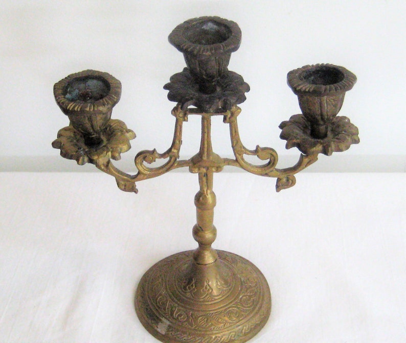 Ornate brass candelabra, heavy metal candlestick holder, holds 3 taper candles, decorative centerpiece, filigree mid century farmhouse decor image 2