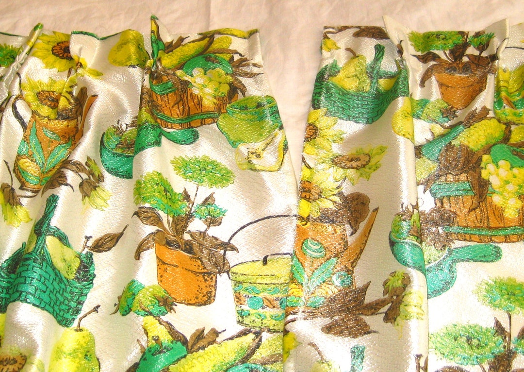 Pair of Vintage Cafe Curtains, Kitchen Drapes, White Lime Bright Green ...