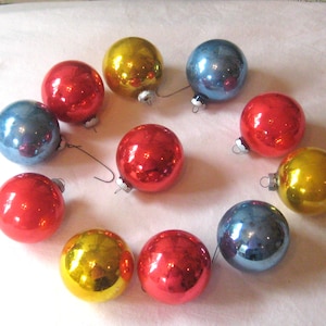 Antique collection of glass ornaments, large 2.5 inches, Shiny Brite Christmas ornaments, turquoise red gold made in USA mid century 50s 60s