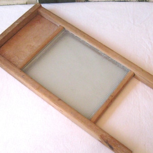 Antique washboard, worn beige wood with glass, petite small washboard, 10s 20s 30s early 1900s, rustic primitive bathroom farmhouse decor