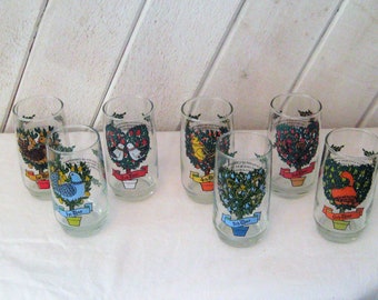 Vintage Christmas drinking glasses, 12 days of christmas, replacements, 1st day, 2nd day, 4th day, 5th day, 6th day, Anchor Hocking, 1970s