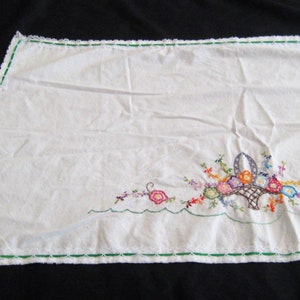 Vintage white embroidered runner, flowers and baskets, colorful, multicolored, handmade, hand done, mid century, lace trim, extra wide OOAK