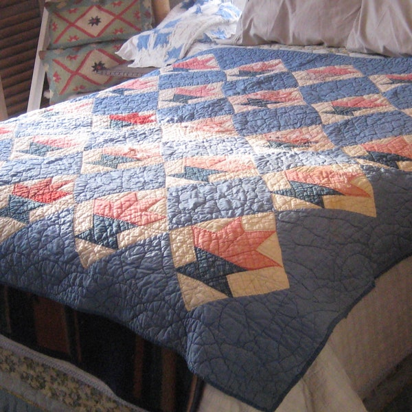 Antique quilt, flower baskets, blue red geometric, handmade hand stitched, depression era, cutter quilt lap blanket throw farmhouse decor