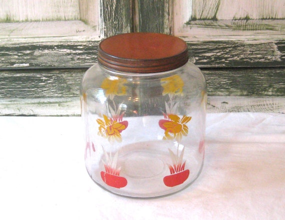 Antique Food Pantry Glass Jar, Extra Large Clear Glass Gallon Jar, Burnt  Orange Metal Lid, Red Yellow Daffodils Spring Flowers Mid Century 