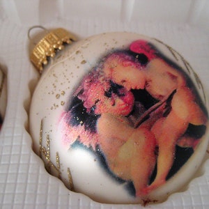 Krebs Weißgold Glas Weihnachtsbaumschmuck, Set Cherub Engel Ornamente, Boxed Ornamente, Musiknoten, Weihnachtsdekor, hergestellt in den USA