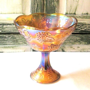 Antique extra large stemmed bowl, Indiana carnival glass iridescent amber rainbow pedestal bowl, MCM mid century compote centerpiece grapes