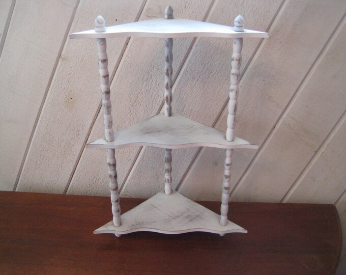 White Rustic Spindle Corner Shelf, Distressed White Shelf. Vintage