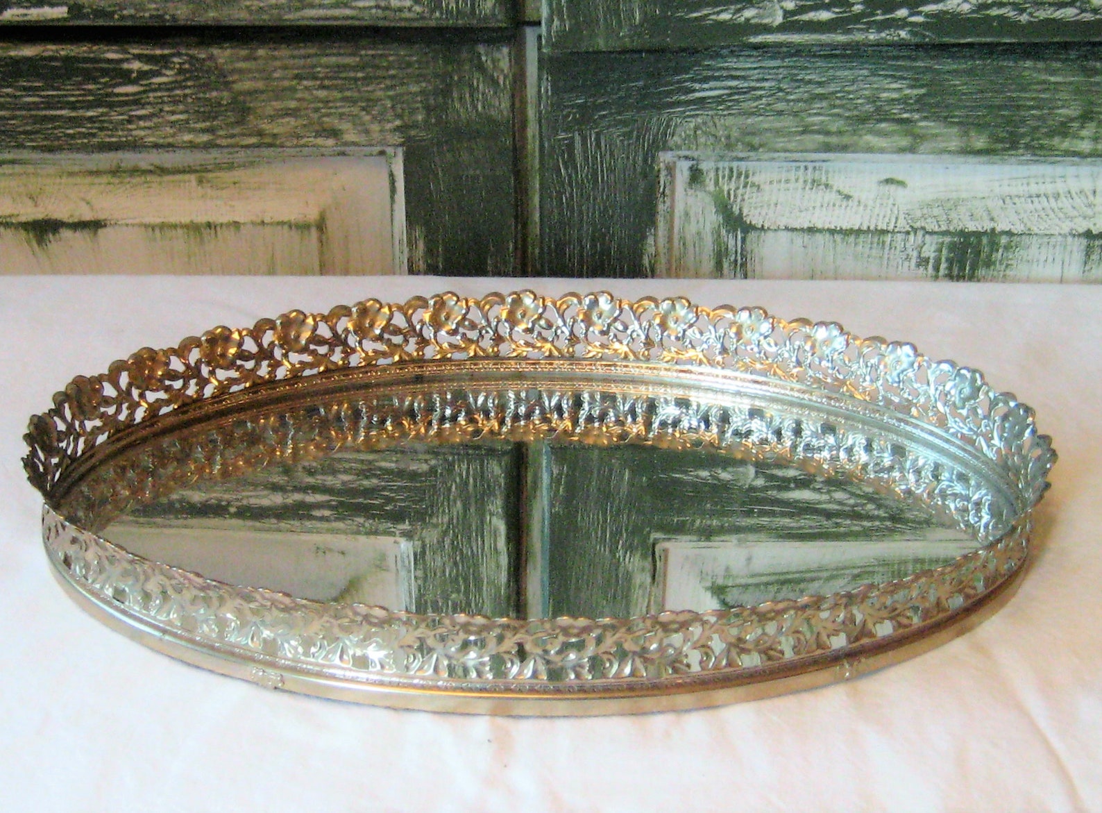 Vintage Oval Mirror Tray Brass Filigree Ornate Tray Vanity Etsy