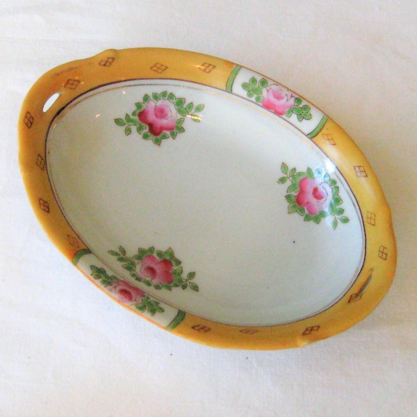 Antique shallow oval bowl, Nippon mid century 50s 60s, white flash rim yellow pink roses, petite trinket ring dish, farmhouse decor