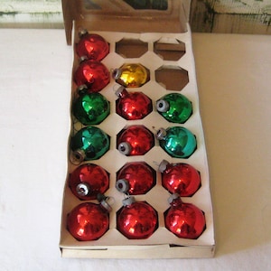 Vintage boxed glass Christmas ornaments, red green gold, small size 1.75&quot;, set of 15, Pyramid, zinc tops, 70s 80s, vintage Christmas decor
