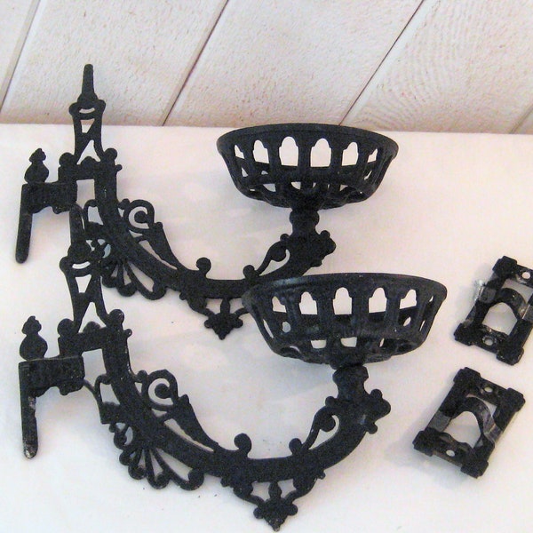 Pair of antique black cast iron pillar candle holder, ornate decorative metal wall sconces, 20s 30s, rare unusual, Victorian farmhouse decor