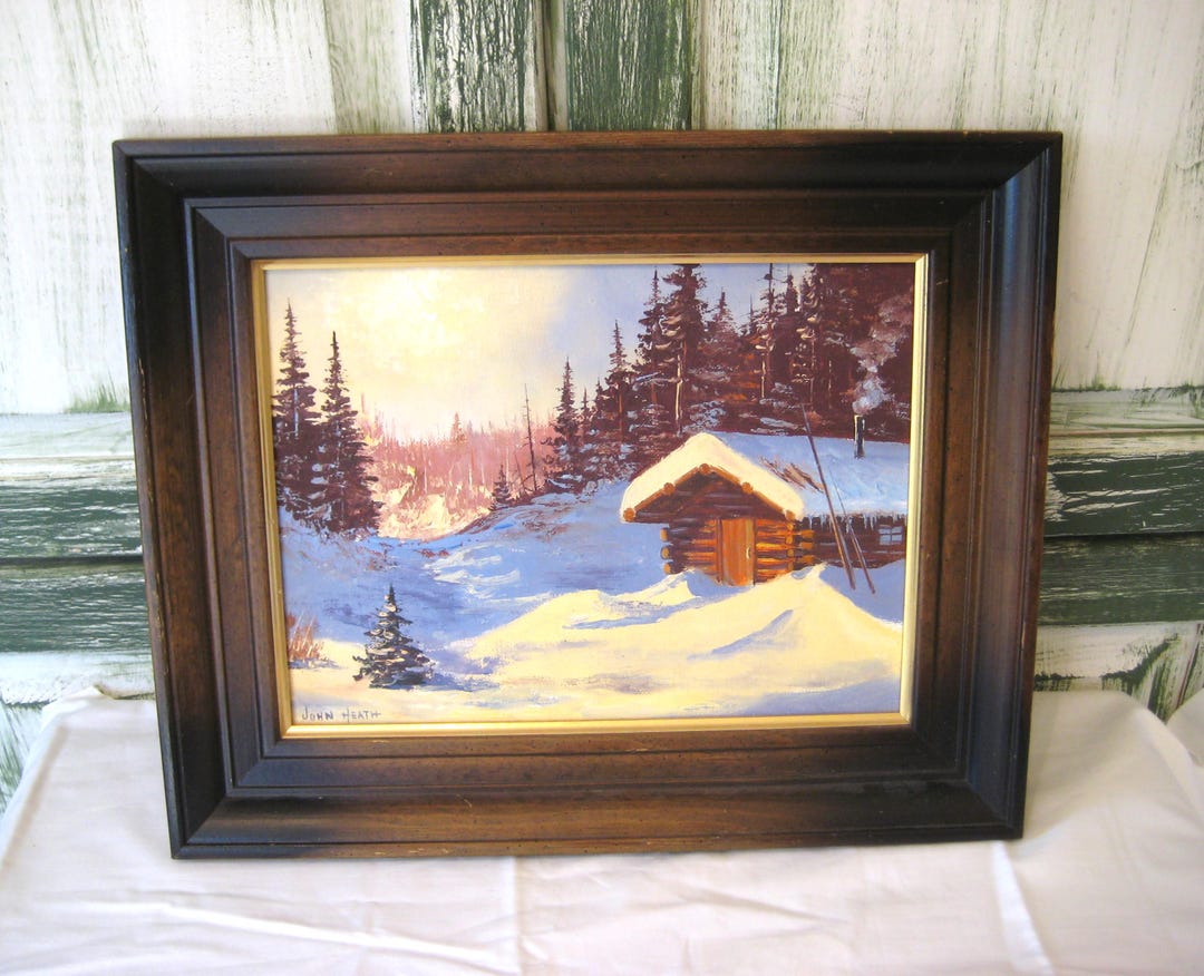 Vintage Oil Painting, 8.5 X 11.5", Log Cabin in Winter White Snow, Pine ...