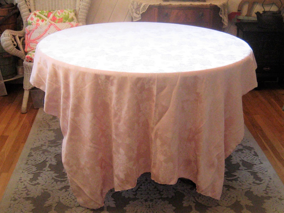 Pink Damask Tablecloth, Large Rectangle Tablecloth, 70s 80s, Shabby