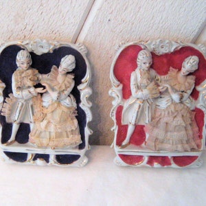 Victorian couple wall hanging decor, red cobalt blue white, dancing man woman ceramic, mid century, 40s 50s 60s, made in Japan farmhouse