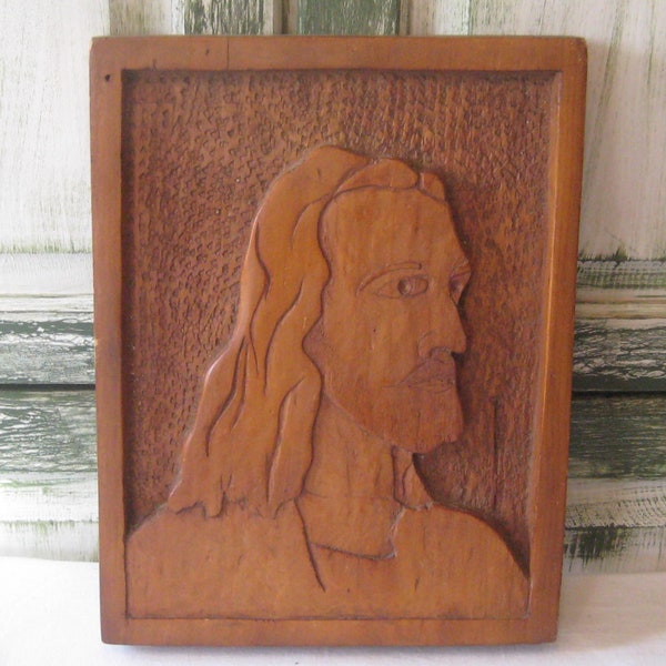 Hand carved portrait of Jesus wall hanging, solid block of wood, picture of Christ, mid century religious decor, rare unisual unique OOAK