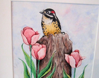Vintage watercolor painting, yellow bird on tree stump, gold finch, pink tulips, bird flower painting, white mat, signed painting, 1980s