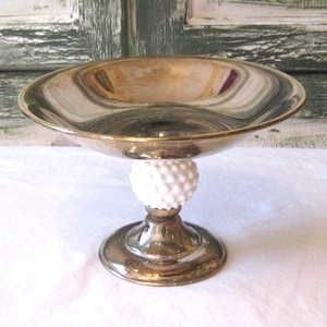 Antique metal and glass stemmed bowl, white milk glass pedestal bowl, gold metal hob nail, mid century 50s 60s farmhouse decor