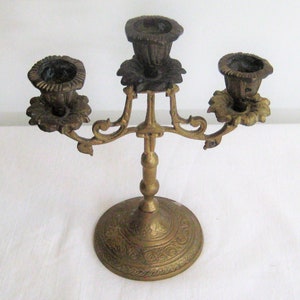 Ornate brass candelabra, heavy metal candlestick holder, holds 3 taper candles, decorative centerpiece, filigree mid century farmhouse decor image 3