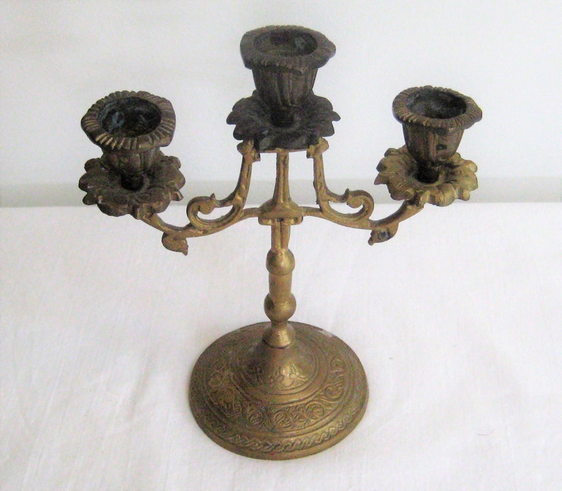 Ornate brass candelabra, heavy metal candlestick holder, holds 3 taper candles, decorative centerpiece, filigree mid century farmhouse decor image 3