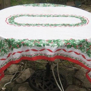 Vintage Christmas tablecloth, rectangle holiday cutter tablecloth, white red green, ribbon holly leaves berries, 1970s, Christmas fabric