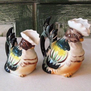Antique rooster creamer, ceramic small pitcher, chicken hen kitchen farmhouse decor, mid century 50s 60s, with handle