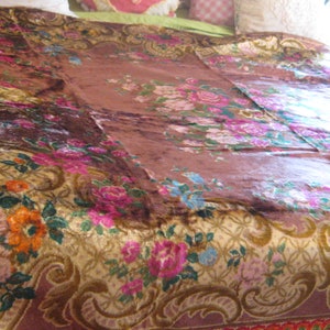 Vintage Italian velvet coverlet, bedspread wall hanging decor, floral bedspread, brown pink roses chenille colorful trim, mid century 60