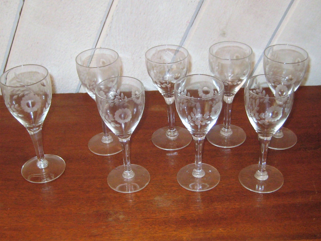 Set of Eight Etched Glass Stemmed Glasses, Cordial Glasses, Shot ...