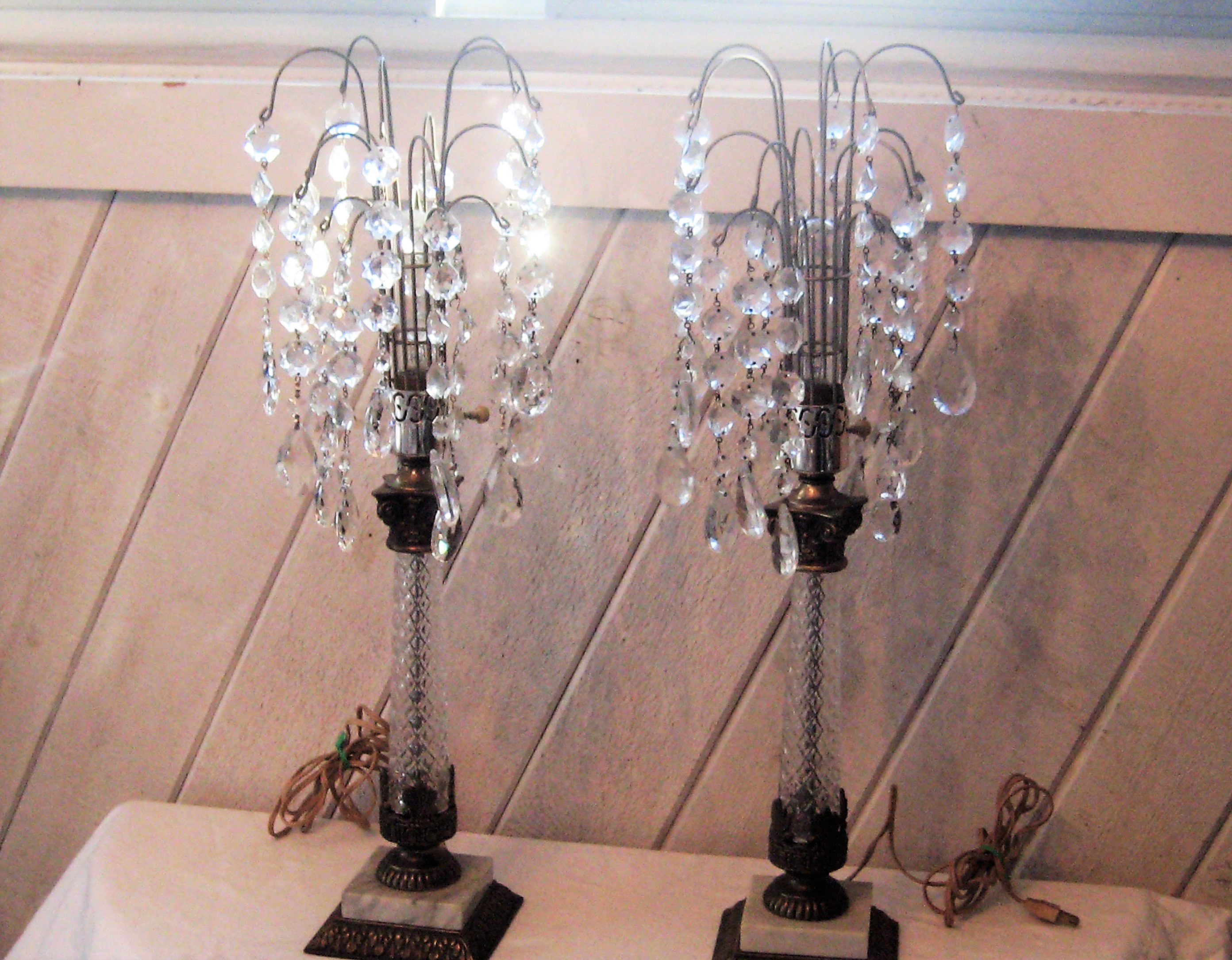 Pair of Antique Crystal Table Lamps Cascading Waterfall Prisms