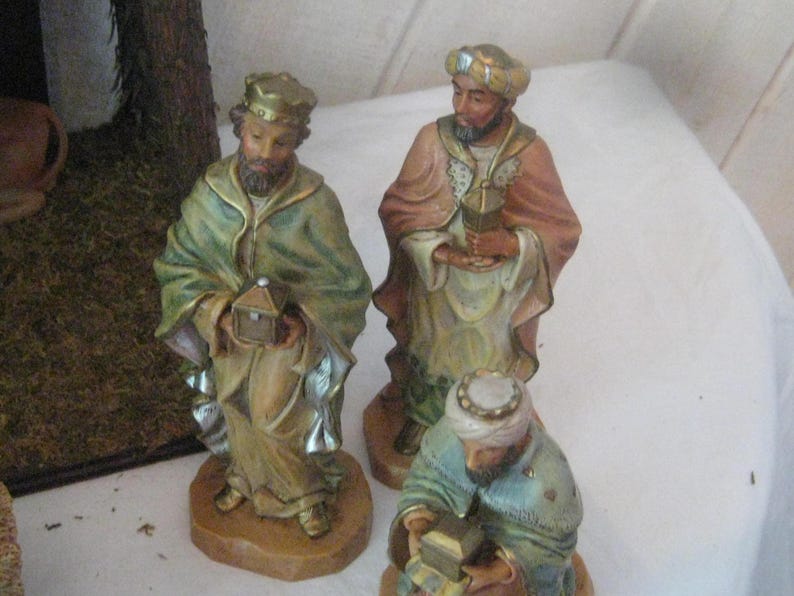 Vintage Large Nativity Set, Wood Manger Plastic Figurines, Box Set