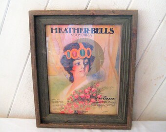 Antique Music sheet picture, Heather Bells Mazurka, vintage wood picture frame, Victorian flapper woman wall decor, romantic piano solo