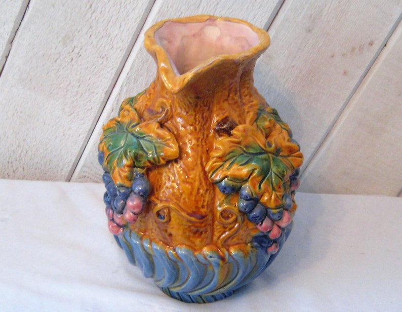 Large Decorative Pitcher Majolica Grape Vase 3D Grapes Etsy