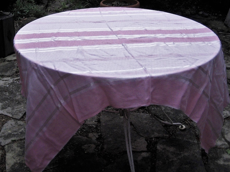 50 x 62 inches 1980s 1970s shabby cottage chic decor rectangle tablecloth Pink striped tablecloth