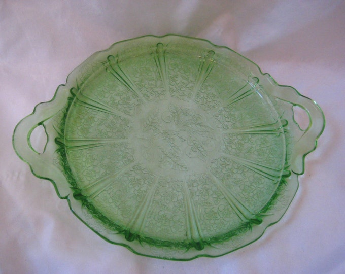 Green Depression Glass Platter With Handles, Green Glass Serving