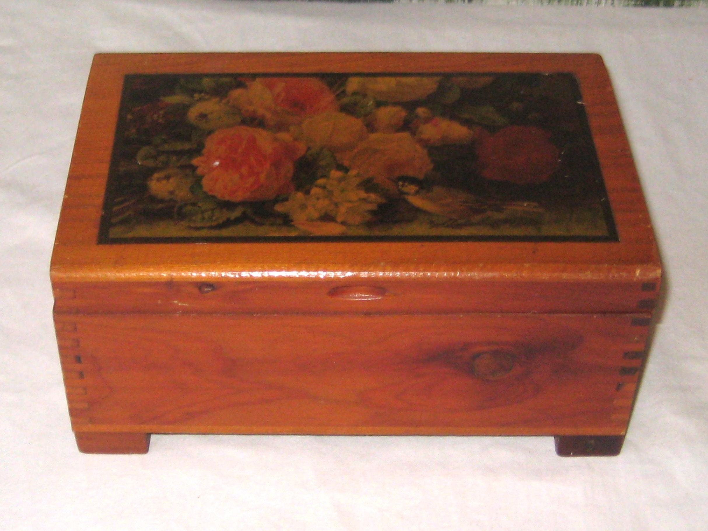 Antique Wooden Box, Hinged Decoupaged Lid Dovetail Corners, Footed