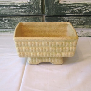 May include: A rectangular, light yellow ceramic planter with a basket weave design. The planter has a curved top and sits on a pedestal base. The planter is likely for indoor or outdoor use.
