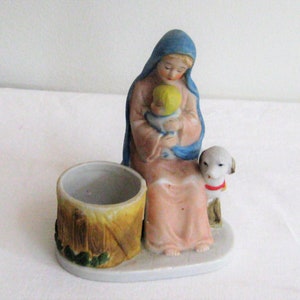Madonna and baby Jesus lamb statue, votive candle plant holder religious figurine, Virgin Mother Mary, Christ child, alter decor, statuary