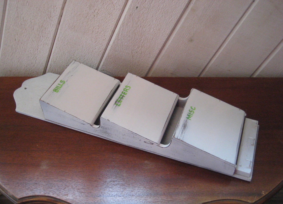 White Wall Letter Holder, Vintage Wood Letter Holder, 3 Compartments