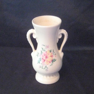 Petite Royal Copley vase, ivory cream, pink yellow flowers, double handles, mid century, 50s 60s, collectible, bud vase, farmhouse decor