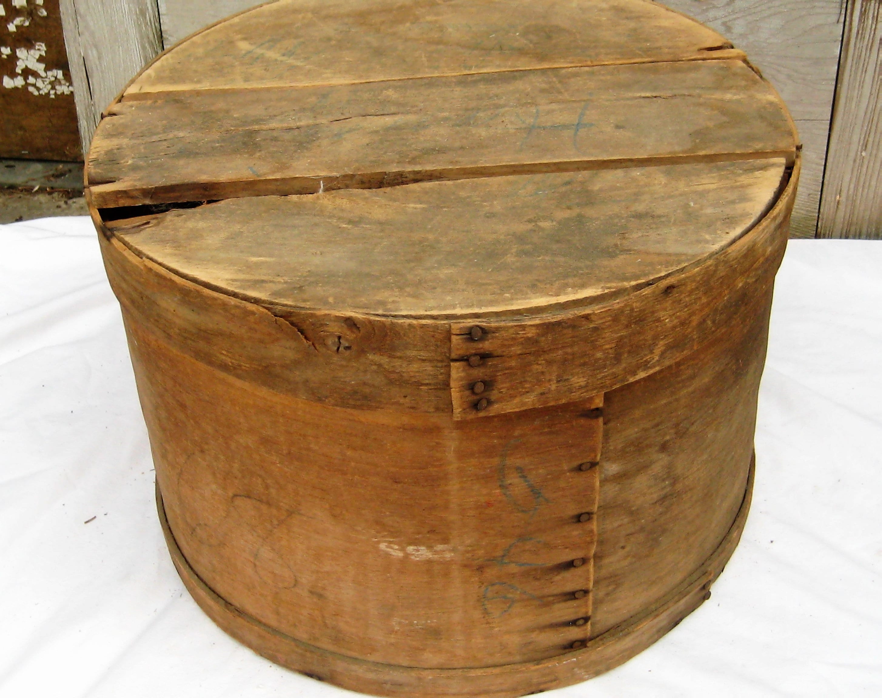 Large Antique Cheese Box, Raw Wood Round Extra Large Firkin Lidded