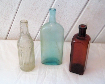 Collection of 3 antique bottles, brown, blue, clear bottle, medicine, Schille soda pop, mid century, early 1900s, rustic primitive decor